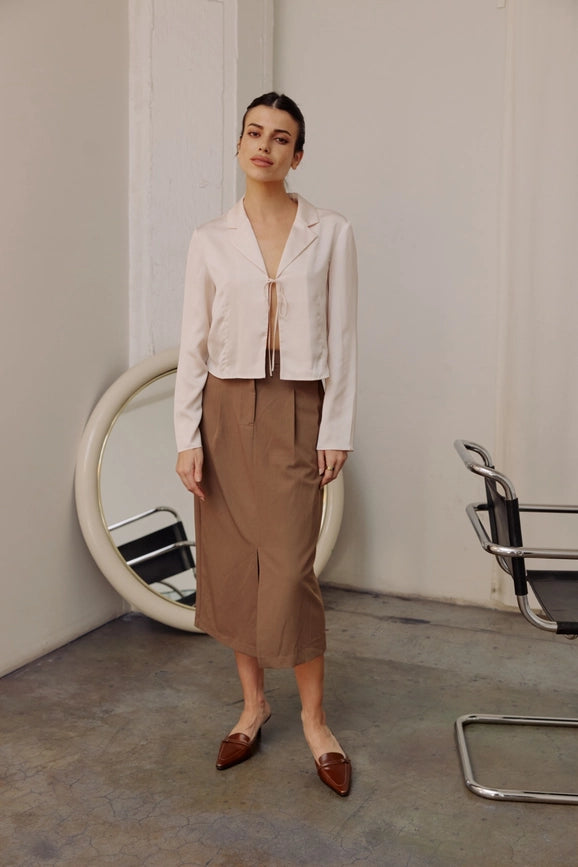 The Penny Skirt | Tailored Midi Skirt with Front Slit MOCHA