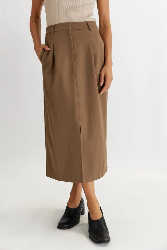 The Penny Skirt | Tailored Midi Skirt with Front Slit MOCHA