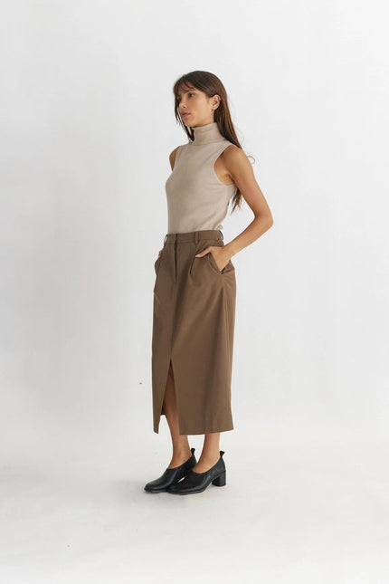 The Penny Skirt | Tailored Midi Skirt with Front Slit MOCHA