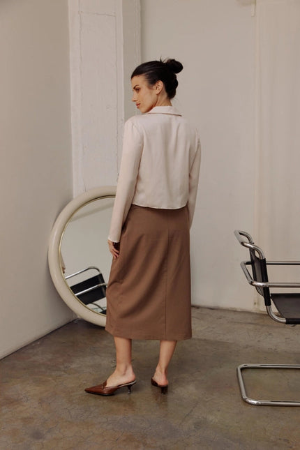 The Penny Skirt | Tailored Midi Skirt with Front Slit MOCHA