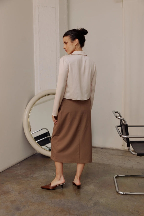 The Penny Skirt | Tailored Midi Skirt with Front Slit MOCHA