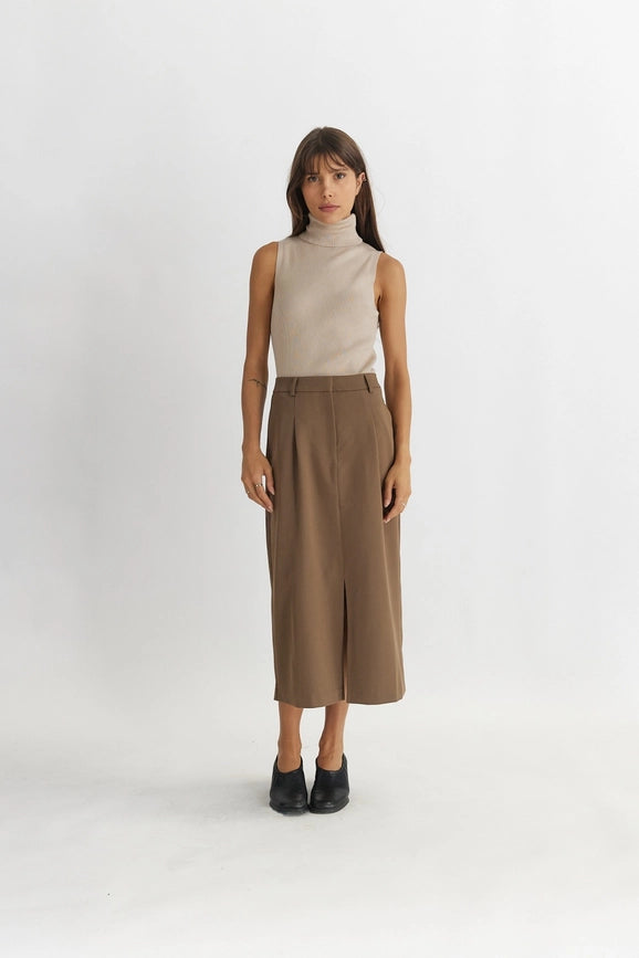 The Penny Skirt | Tailored Midi Skirt with Front Slit MOCHA