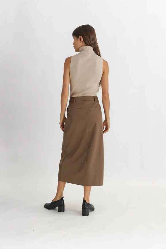 The Penny Skirt | Tailored Midi Skirt with Front Slit MOCHA