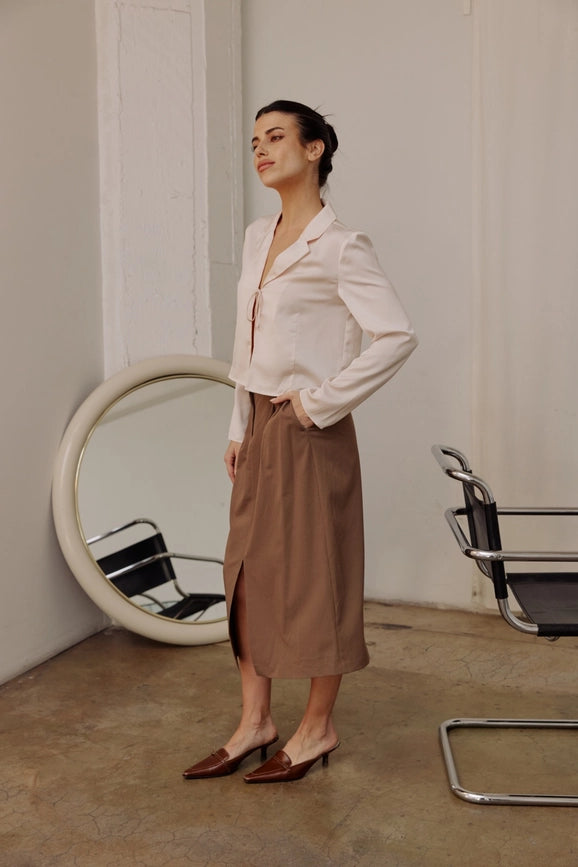 The Penny Skirt | Tailored Midi Skirt with Front Slit MOCHA