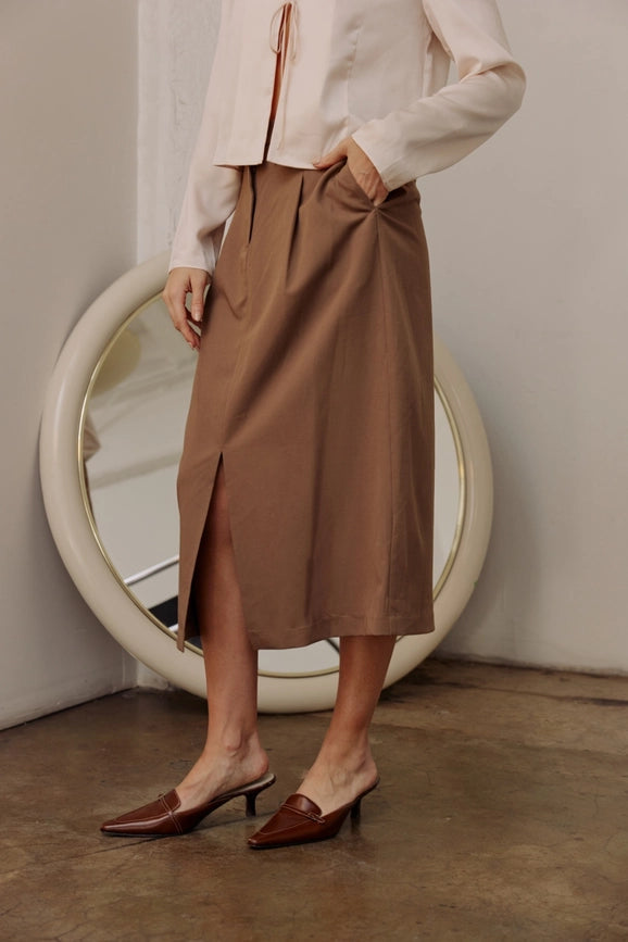 The Penny Skirt | Tailored Midi Skirt with Front Slit MOCHA