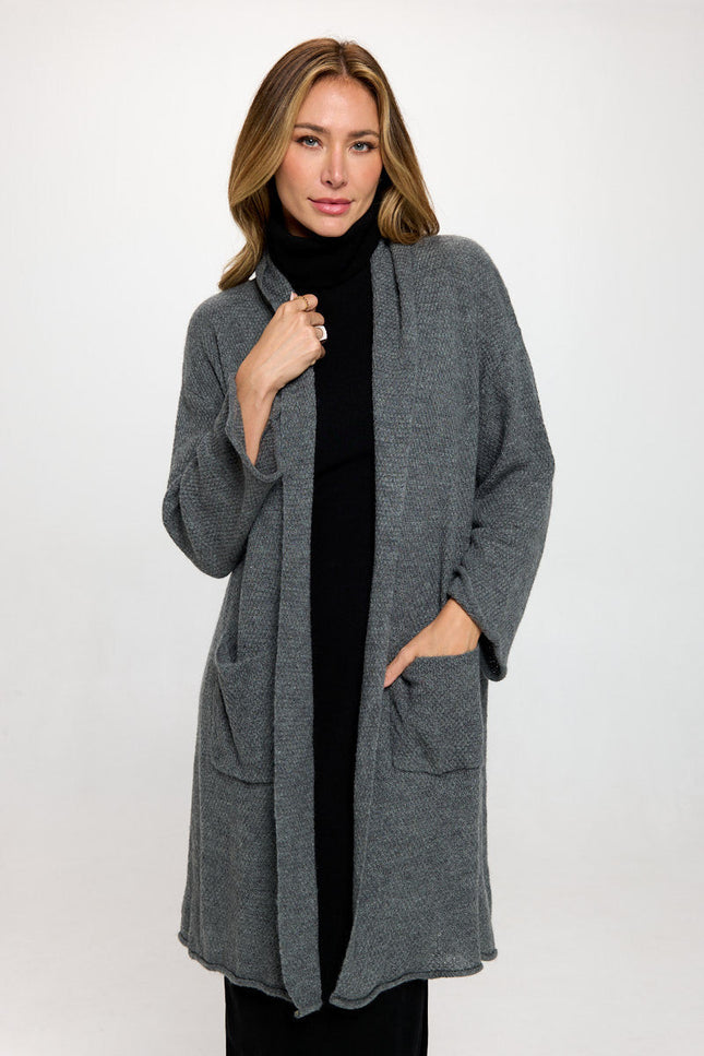 Thick Knit Open Front Draped Cardigan with Pockets-0