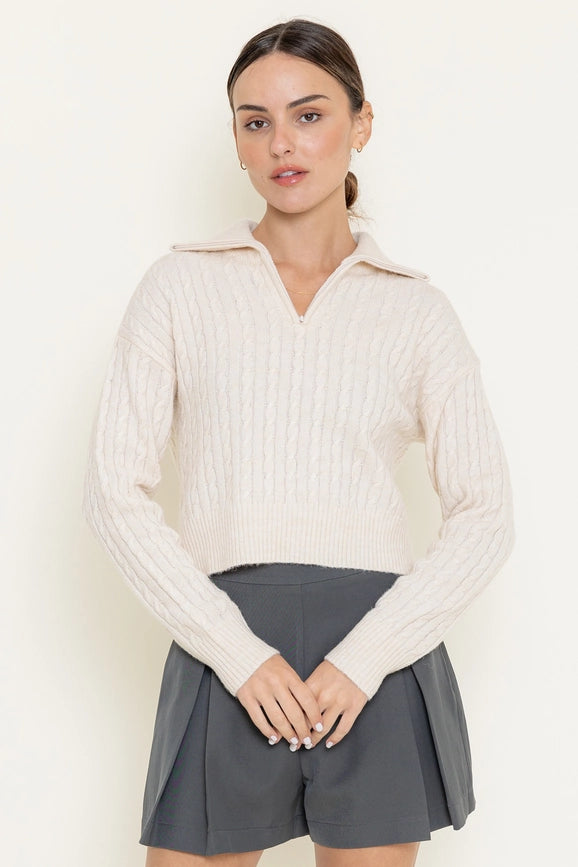 Thin Knit Zip Up Collar Long Sleeve Sweater TOP Ivory