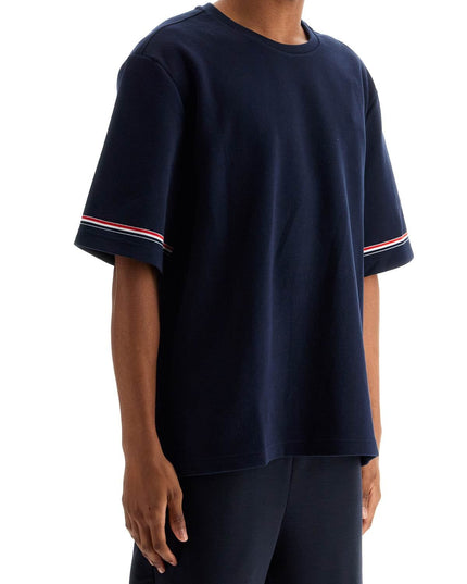 Thom Browne navy blue striped cotton t-shirt with wide neck