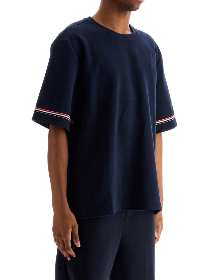 Thom Browne navy blue striped cotton t-shirt with wide neck