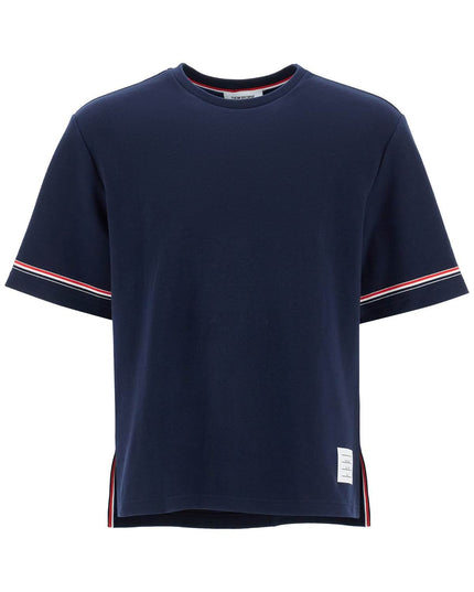 Thom Browne navy blue striped cotton t-shirt with wide neck