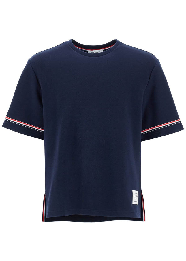 Thom Browne navy blue striped cotton t-shirt with wide neck