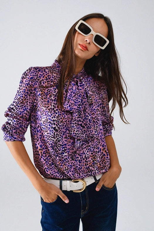 Tie At the Neck Animal Print Purple Blouse