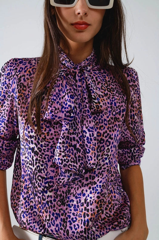 Tie At the Neck Animal Print Purple Blouse