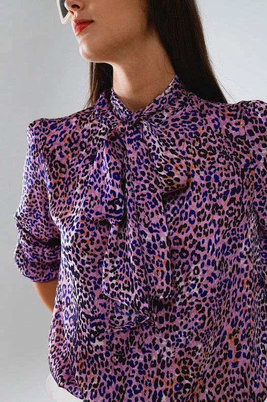 Tie At the Neck Animal Print Purple Blouse