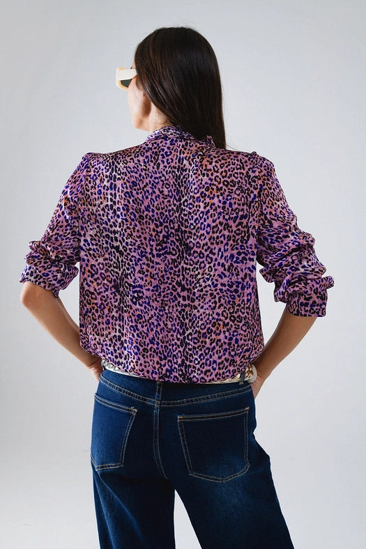 Tie At the Neck Animal Print Purple Blouse