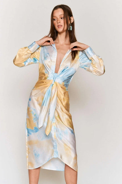 Tie Dye Button Down Waist Tie Satin Midi Dress LEMON BLUE COMBO