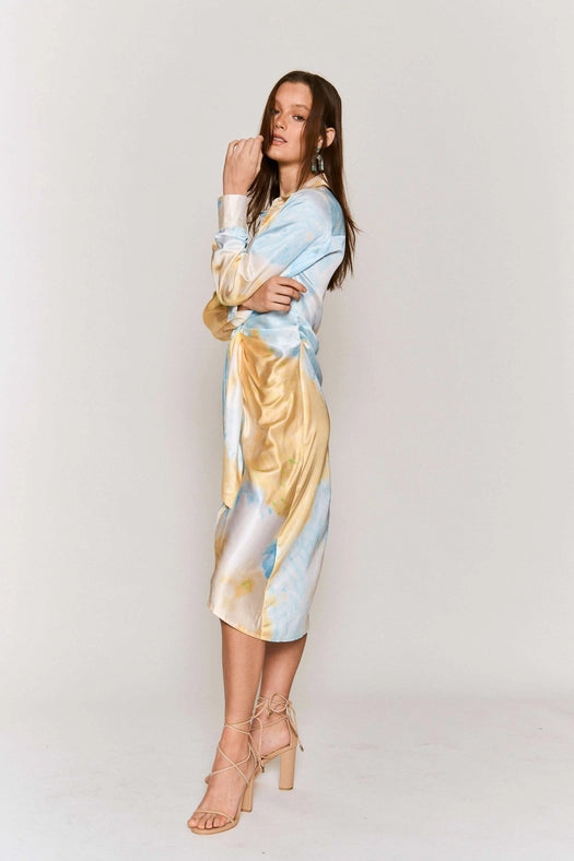 Tie Dye Button Down Waist Tie Satin Midi Dress LEMON BLUE COMBO