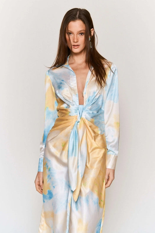 Tie Dye Button Down Waist Tie Satin Midi Dress LEMON BLUE COMBO