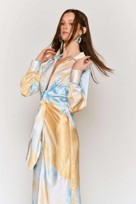 Tie Dye Button Down Waist Tie Satin Midi Dress LEMON BLUE COMBO