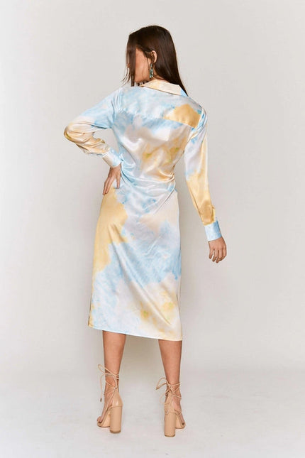 Tie Dye Button Down Waist Tie Satin Midi Dress LEMON BLUE COMBO