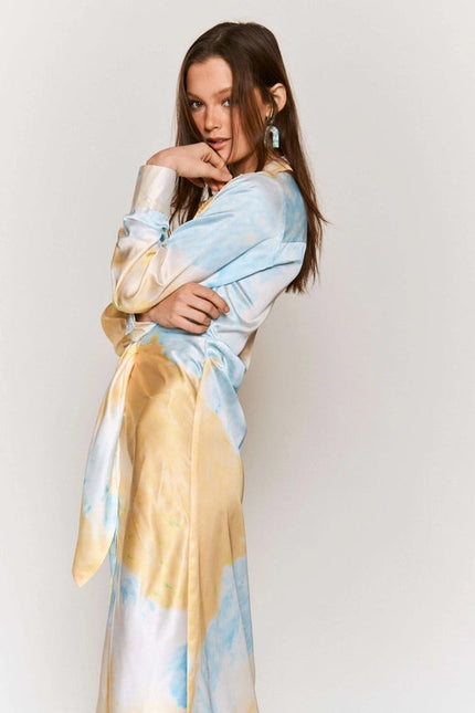 Tie Dye Button Down Waist Tie Satin Midi Dress LEMON BLUE COMBO