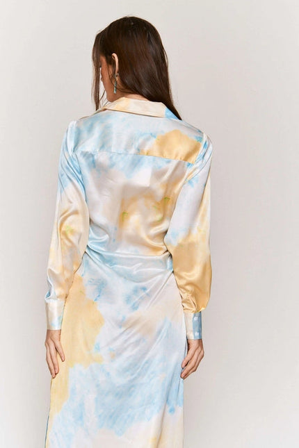 Tie Dye Button Down Waist Tie Satin Midi Dress LEMON BLUE COMBO