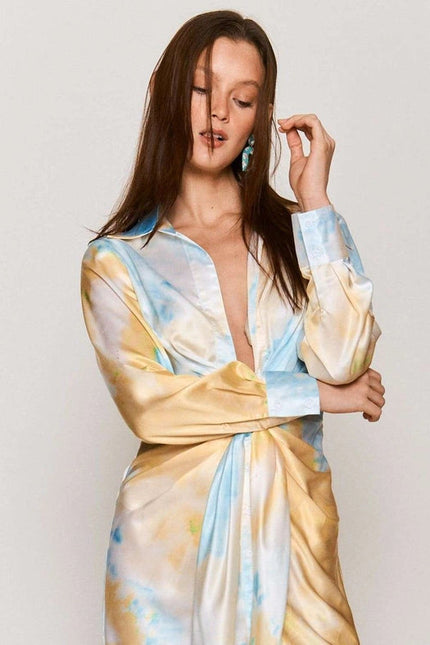 Tie Dye Button Down Waist Tie Satin Midi Dress LEMON BLUE COMBO