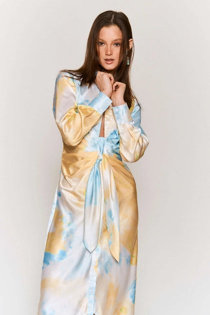 Tie Dye Button Down Waist Tie Satin Midi Dress LEMON BLUE COMBO