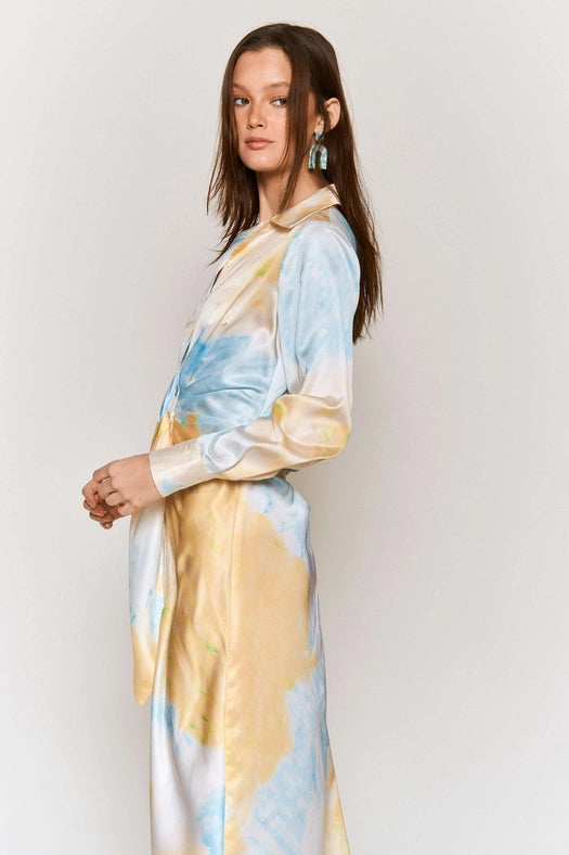 Tie Dye Button Down Waist Tie Satin Midi Dress LEMON BLUE COMBO