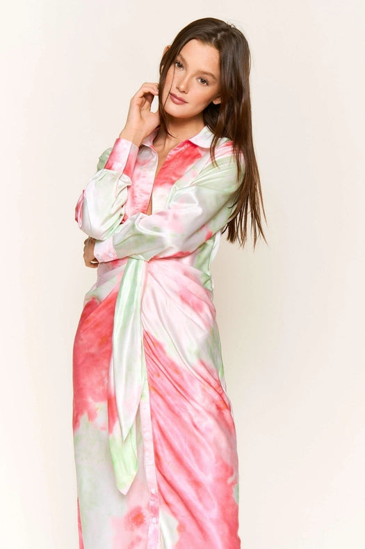 Tie Dye Button Down Waist Tie Satin Midi Dress LIME CORAL COMBO