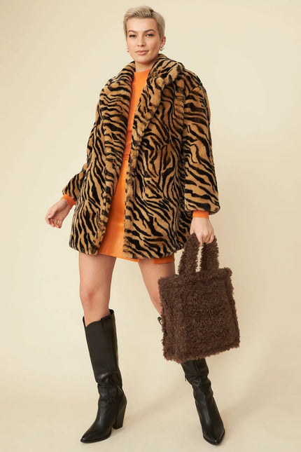 Tiger Print Mocha Faux Fur Midi Coat-1