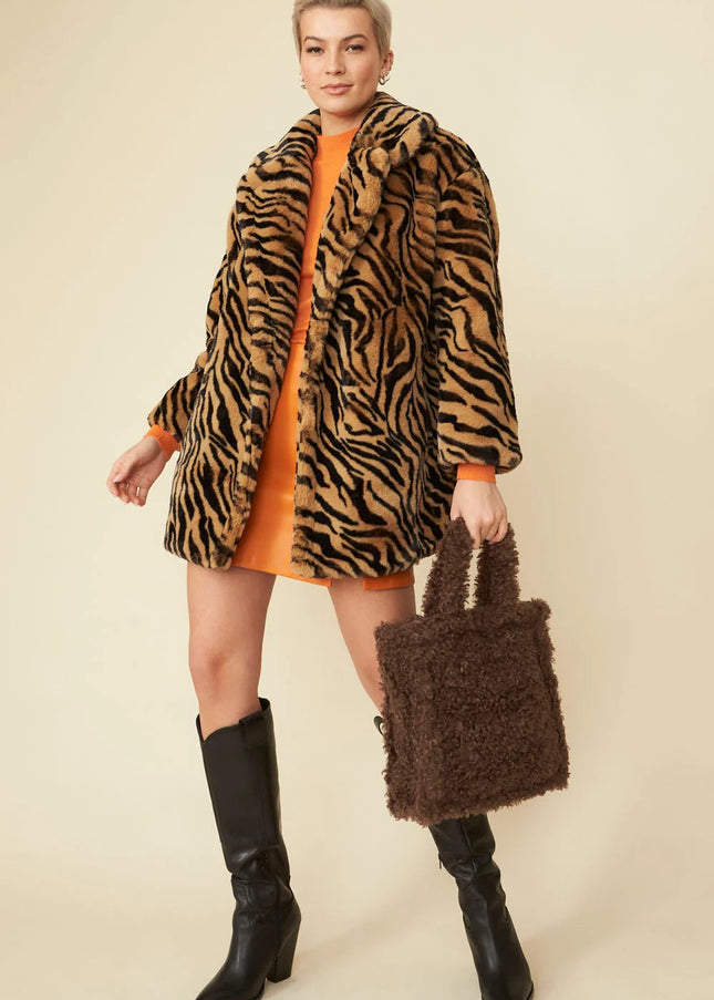 Tiger Print Mocha Faux Fur Midi Coat-1