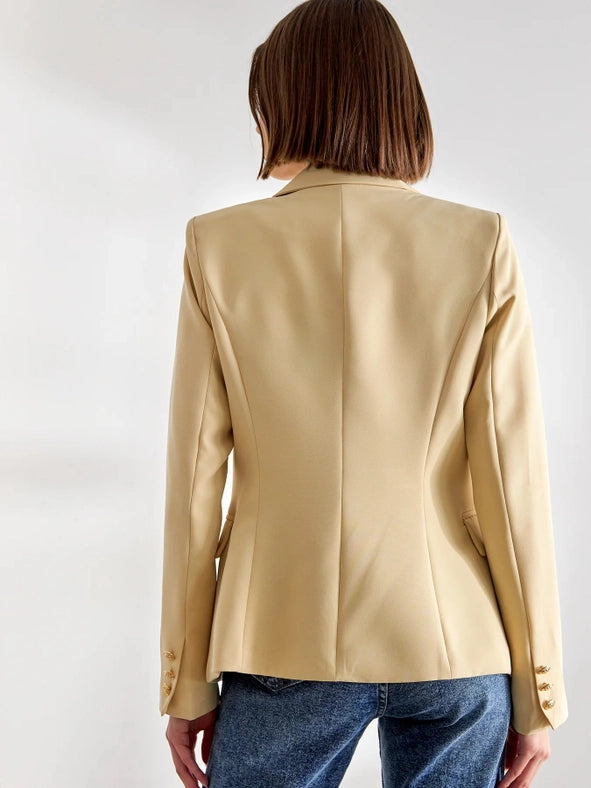 Timeless Fitted Double-Breasted Suit Jacket with Gold Buttons  Beige