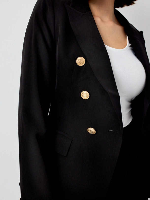 Timeless Fitted Double-Breasted Suit Jacket with Gold Buttons  Black