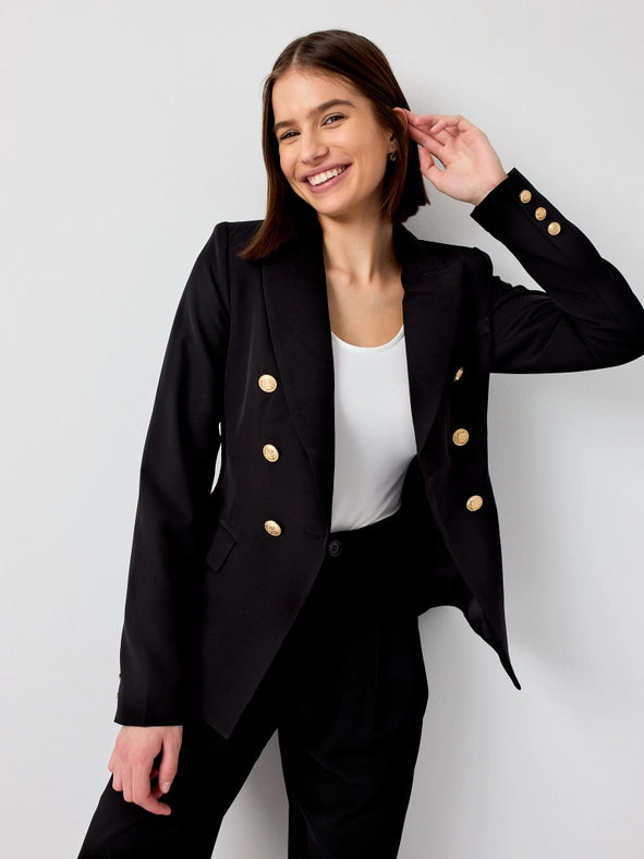 Timeless Fitted Double-Breasted Suit Jacket with Gold Buttons  Black