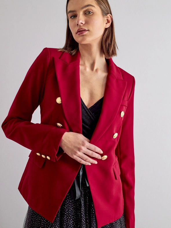 Timeless Fitted Double-Breasted Suit Jacket with Gold Buttons Burgundy