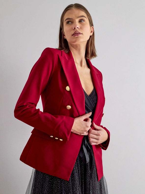 Timeless Fitted Double-Breasted Suit Jacket with Gold Buttons Burgundy