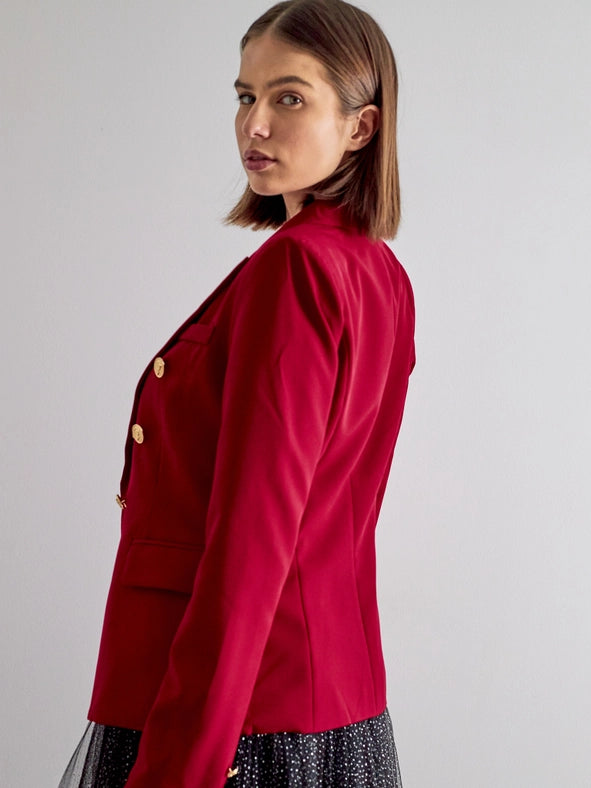 Timeless Fitted Double-Breasted Suit Jacket with Gold Buttons Burgundy