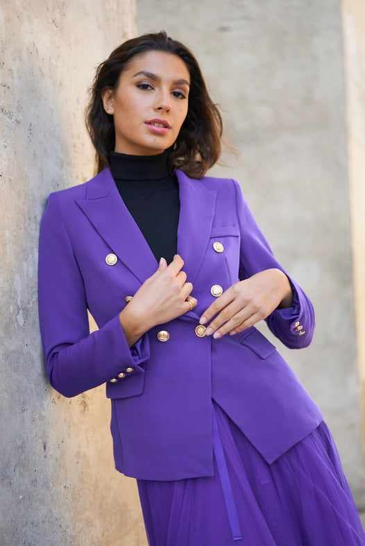 Timeless Fitted Double-Breasted Suit Jacket with Gold Buttons  Violet