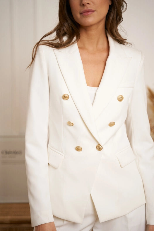 Timeless Fitted Double-Breasted Suit Jacket with Gold Buttons  White