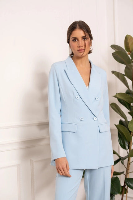 Timeless Mid-Length Double-Breasted Plain Jacket Sky Blue