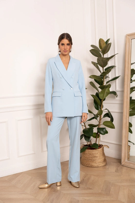 Timeless Mid-Length Double-Breasted Plain Jacket Sky Blue