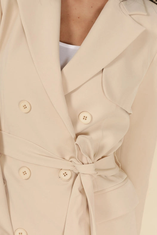 Timeless Plain Mid-Length Jacket With Belt Beige