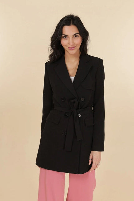 Timeless Plain Mid-Length Jacket With Belt Black