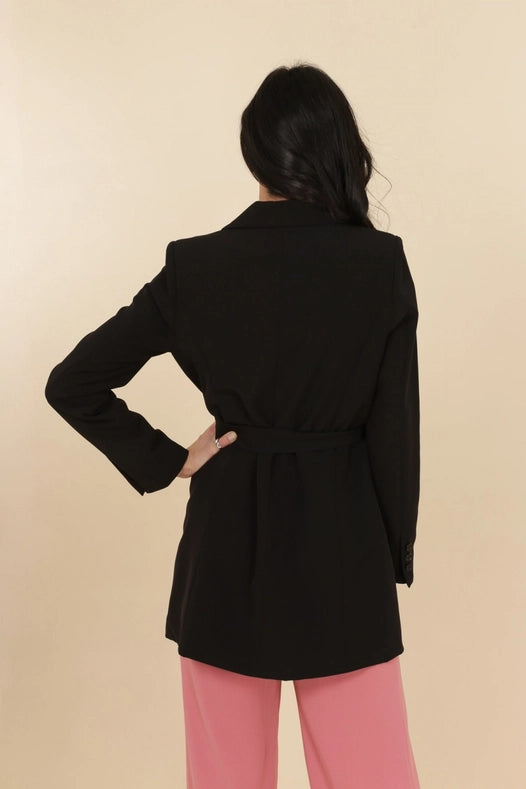 Timeless Plain Mid-Length Jacket With Belt Black