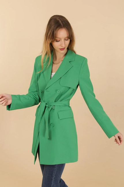 Timeless Plain Mid-Length Jacket With Belt Green