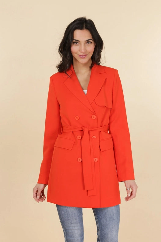 Timeless Plain Mid-Length Jacket With Belt Orange