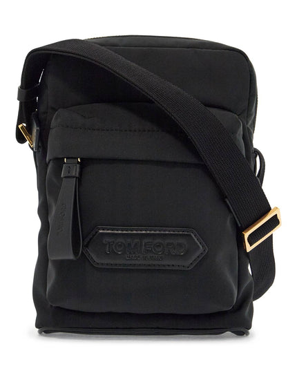 Tom Ford elegant black leather and polyester messenger bag with adjustable shoulder strap