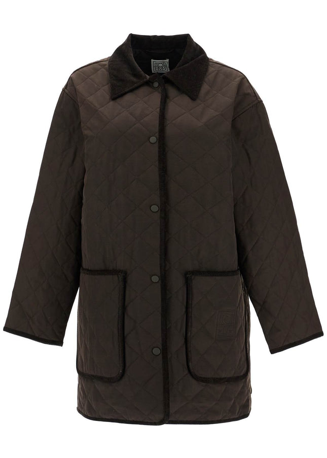 Toteme brown quilted barn jacket in recycled polyester and organic cotton with high collar