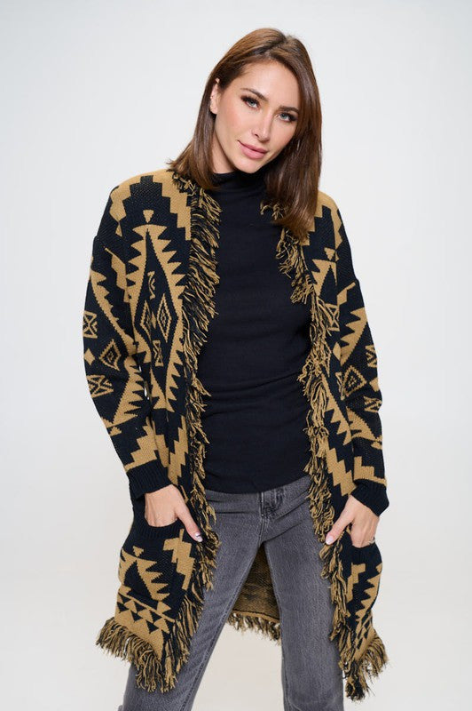 Tribal Print Cardigan with Fringe Detail and Tie-1